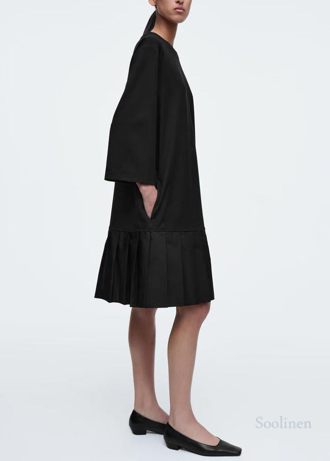 Black Oversized Patchwork Cotton Pleated Dress Bracelet Sleeve