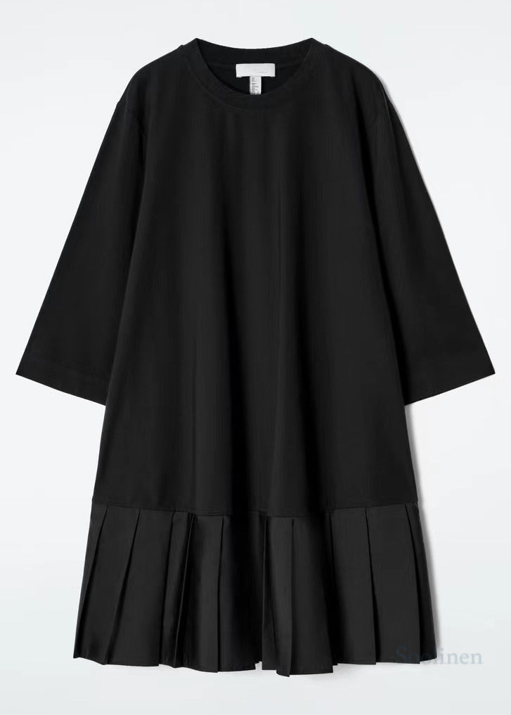 Black Oversized Patchwork Cotton Pleated Dress Bracelet Sleeve