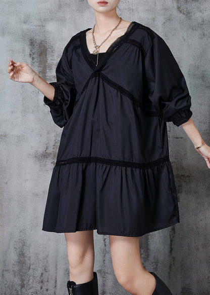 Black Oversized Patchwork Cotton Work Dress Fall