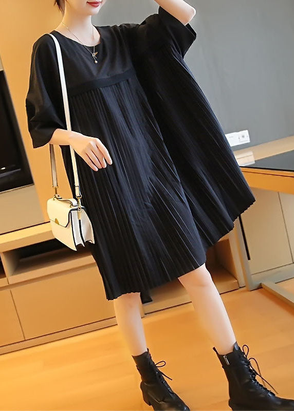 Black Oversized Patchwork Pleated Mid Dress Half Sleeve