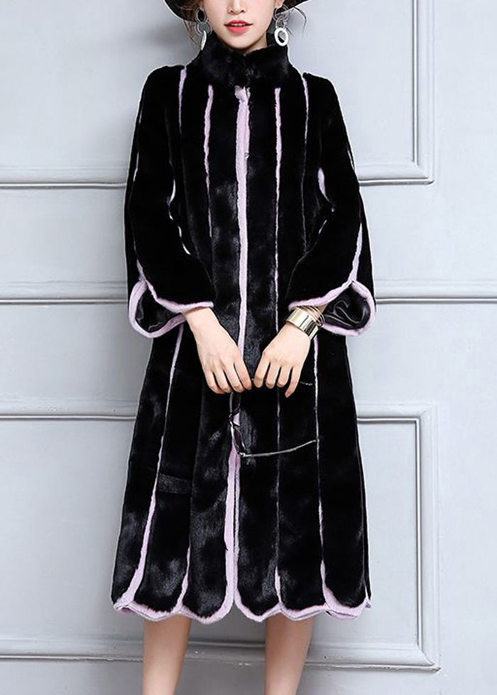 Black Oversized Patchwork Striped Faux Fur Coats Winter