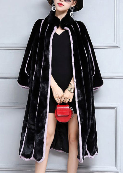 Black Oversized Patchwork Striped Faux Fur Coats Winter