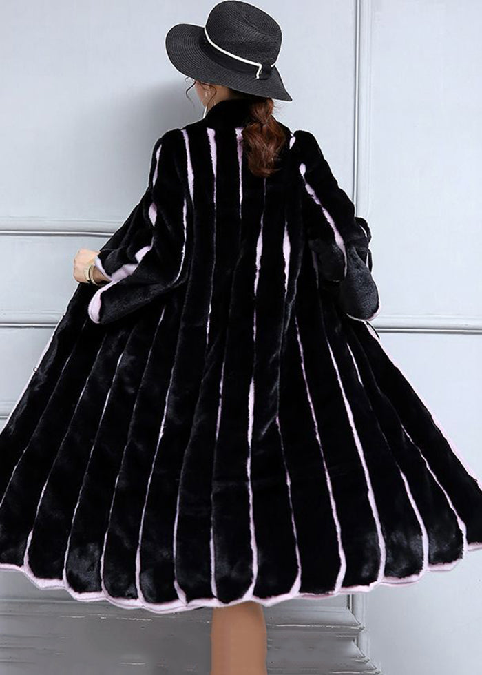 Black Oversized Patchwork Striped Faux Fur Coats Winter