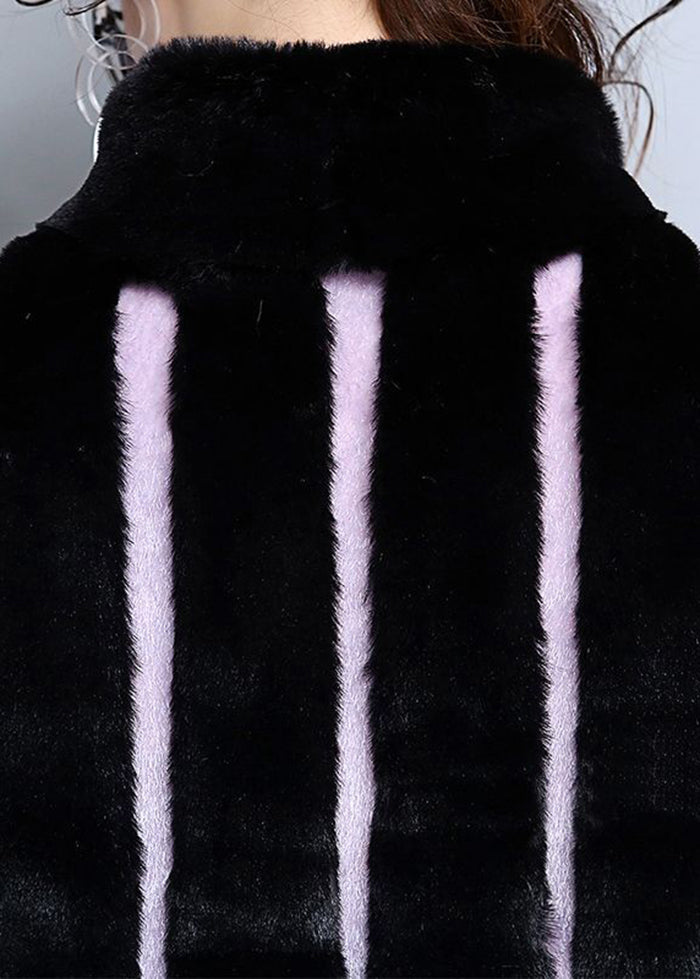 Black Oversized Patchwork Striped Faux Fur Coats Winter