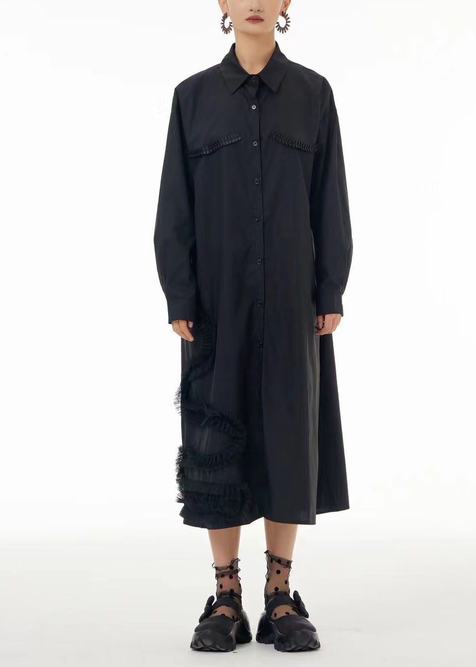 Black Oversized Patchwork Wrinkled Cotton Shirt Dress Spring