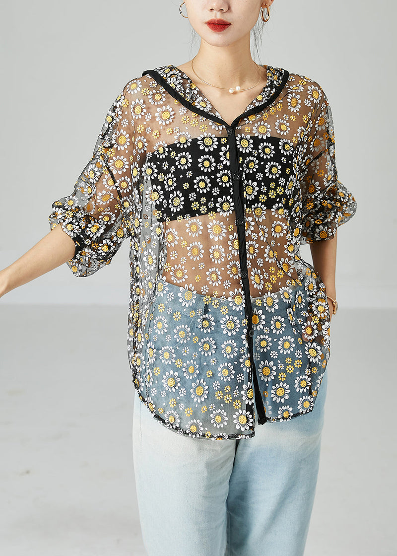 Black Oversized Print Tulle Upf 50+ Coat Jacket Summer