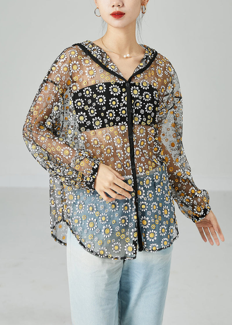 Black Oversized Print Tulle Upf 50+ Coat Jacket Summer