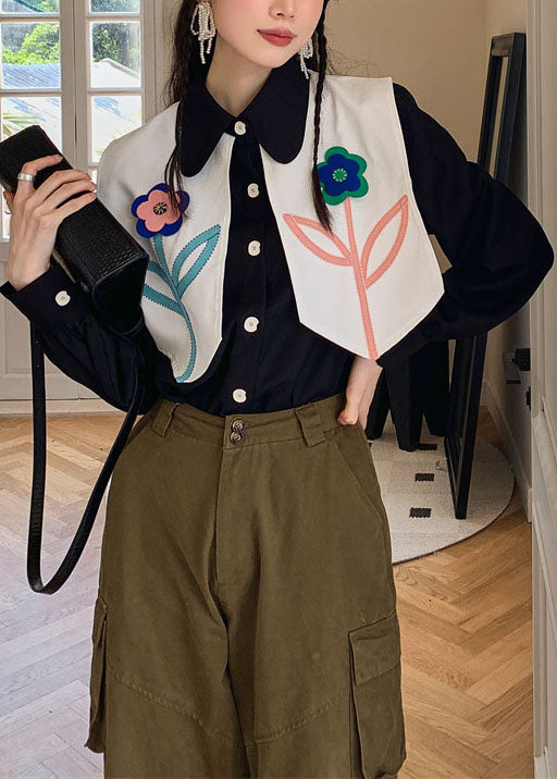 Black Patchwork Decorated Cotton Blouses Spring