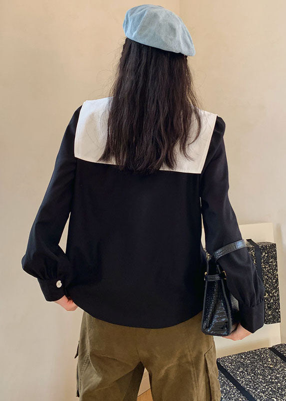Black Patchwork Decorated Cotton Blouses Spring