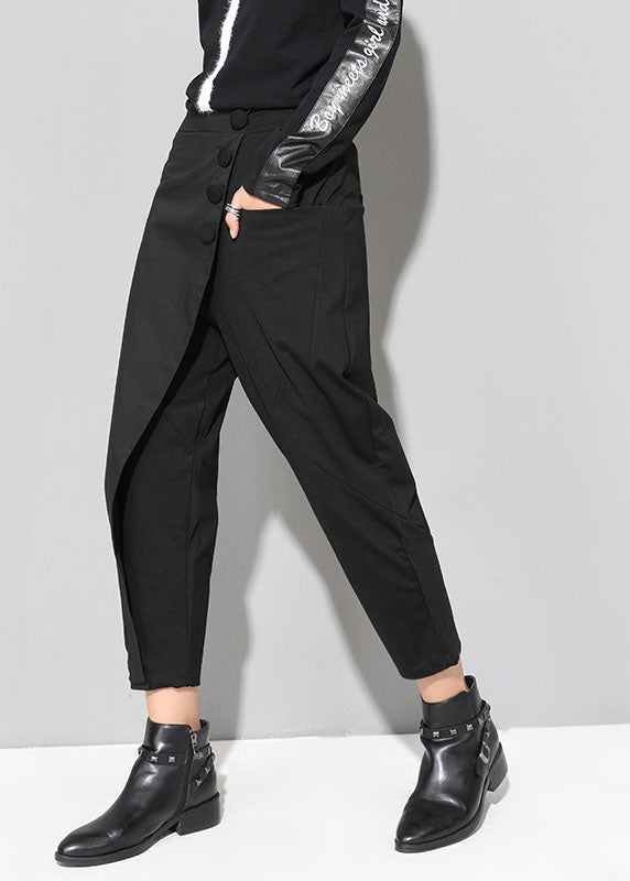 Black Patchwork Pockets Asymmetrical Design Fall Harem Pants