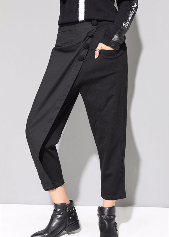 Black Patchwork Pockets Asymmetrical Design Fall Harem Pants