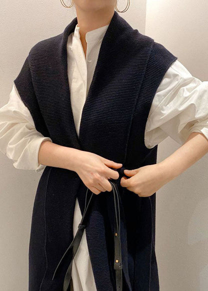 Black Patchwork Tie Waist Knit Long Vest Outwear Sleeveless