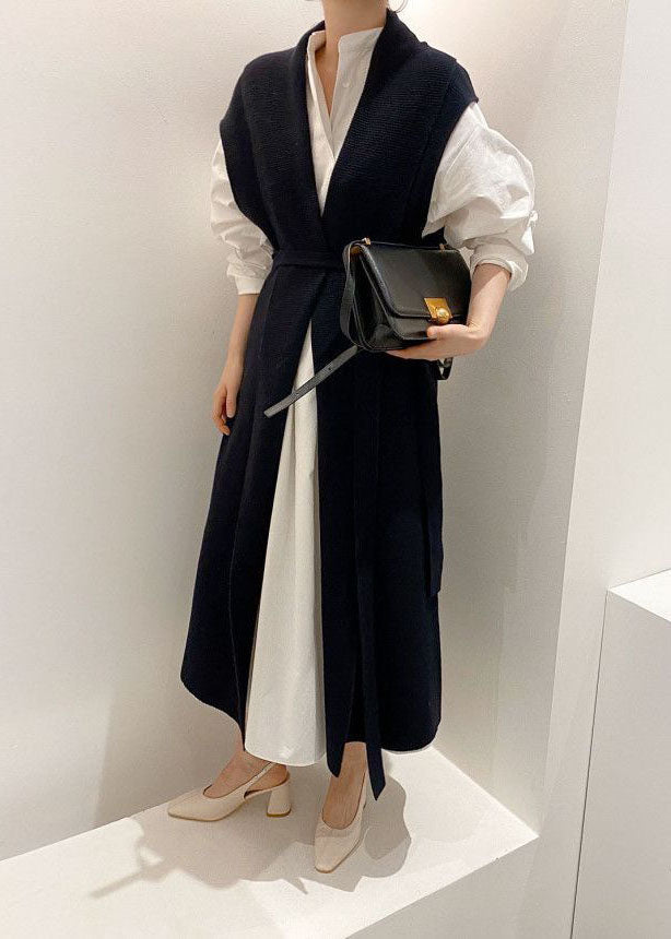 Black Patchwork Tie Waist Knit Long Vest Outwear Sleeveless