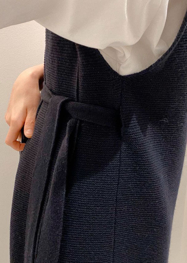 Black Patchwork Tie Waist Knit Long Vest Outwear Sleeveless