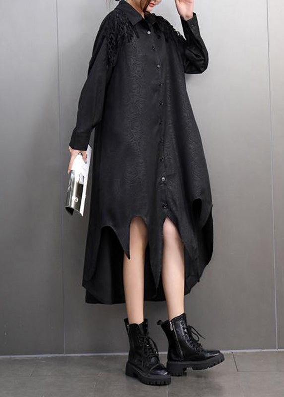 Black Peter Pan Collar Asymmetrical Lace Patchwork Long Shirts Dress Spring