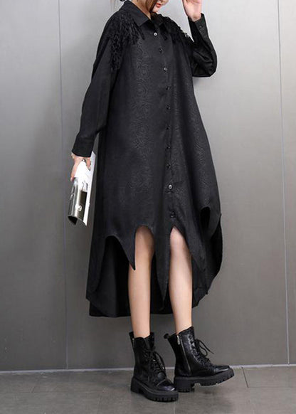 Black Peter Pan Collar Asymmetrical Lace Patchwork Long Shirts Dress Spring