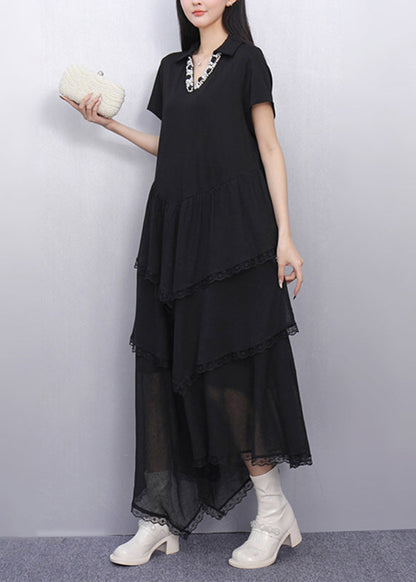 Black Peter Pan Collar Asymmetrical Long Cake Dress Short Sleeve
