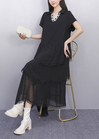 Black Peter Pan Collar Asymmetrical Long Cake Dress Short Sleeve