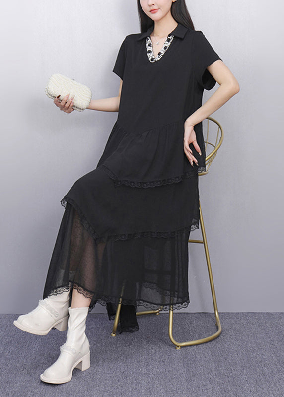 Black Peter Pan Collar Asymmetrical Long Cake Dress Short Sleeve