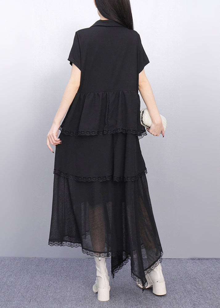 Black Peter Pan Collar Asymmetrical Long Cake Dress Short Sleeve