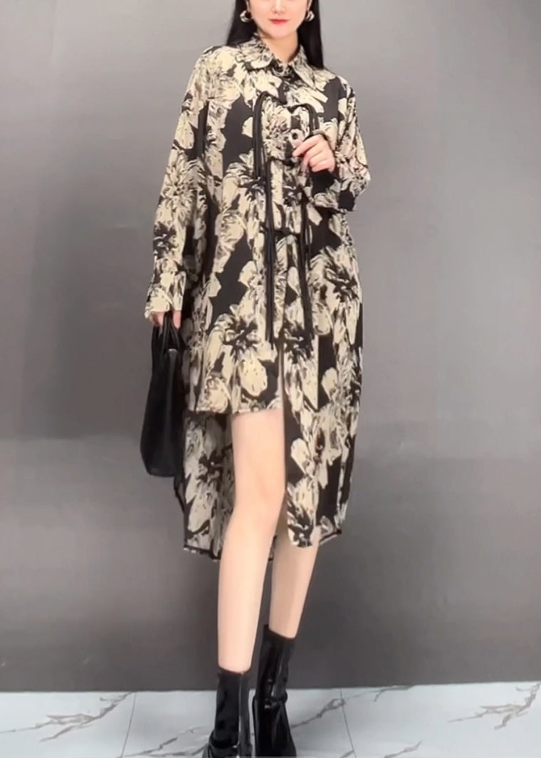 Black Peter Pan Collar Asymmetrical Print Long Dress Spring