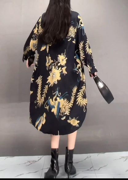 Black Peter Pan Collar Asymmetrical Print Long Dress Spring