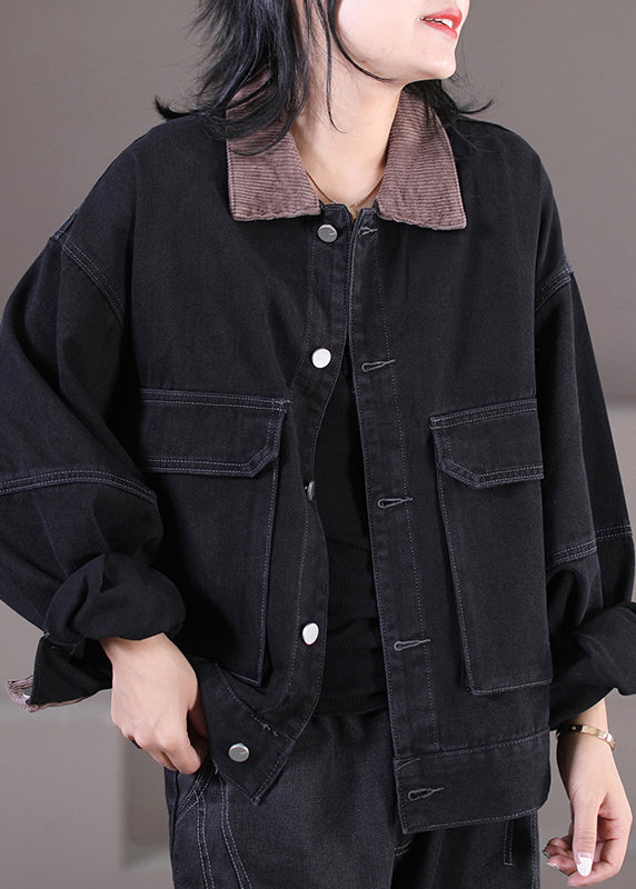 Black Peter Pan Collar Corduroy Patchwork Button Denim Coats Fall
