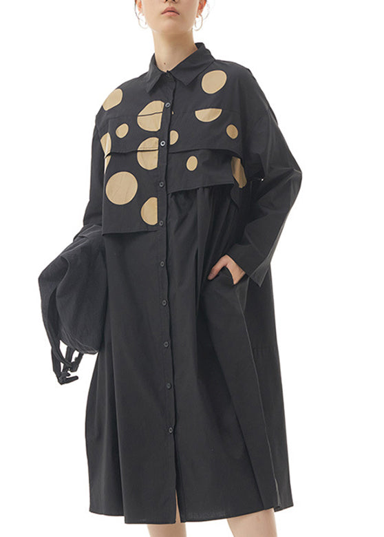 Black Peter Pan Collar Dot Patchwork Button Cotton Long Dress Spring