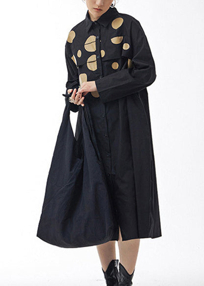 Black Peter Pan Collar Dot Patchwork Button Cotton Long Dress Spring