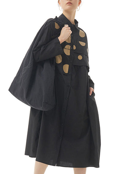 Black Peter Pan Collar Dot Patchwork Button Cotton Long Dress Spring