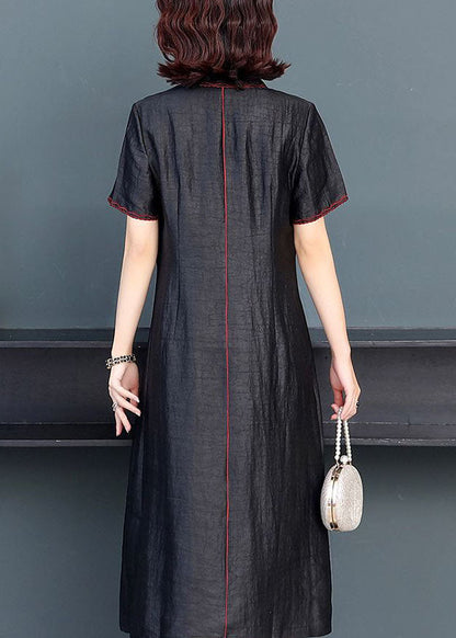 Black Peter Pan Collar Embroideried Silk Dress Summer