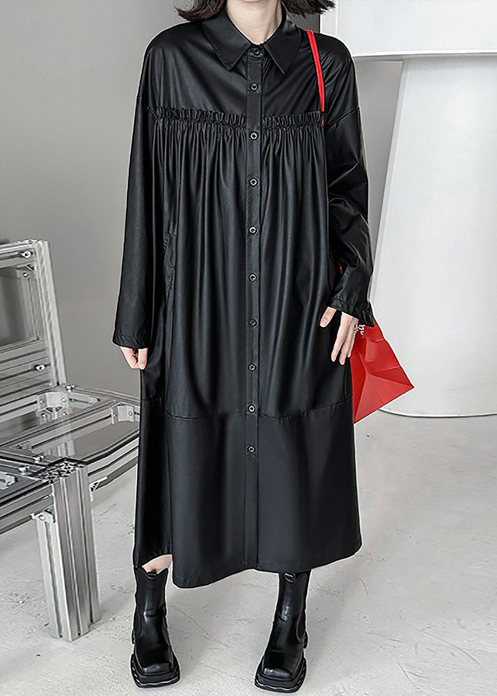 Black Peter Pan Collar Faux Leather Patchwork Wrinkled Button Trench Coats Long Sleeve