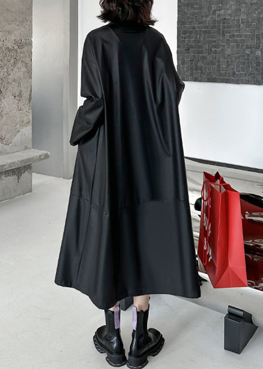 Black Peter Pan Collar Faux Leather Patchwork Wrinkled Button Trench Coats Long Sleeve