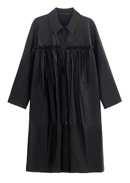 Black Peter Pan Collar Faux Leather Patchwork Wrinkled Button Trench Coats Long Sleeve