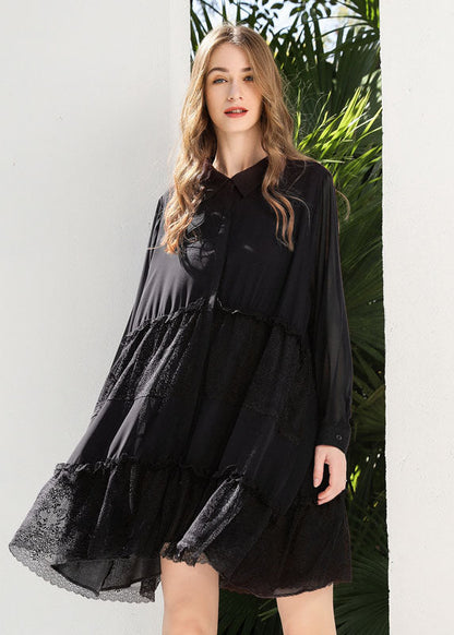 Black Peter Pan Collar Lace Patchwork Chiffon Holiday Dress Spring