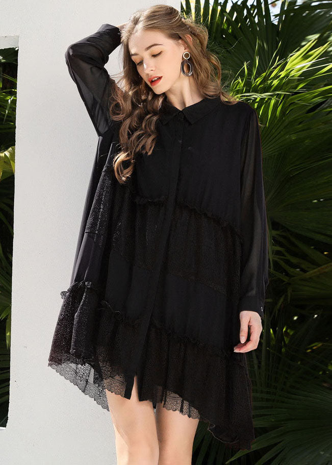 Black Peter Pan Collar Lace Patchwork Chiffon Holiday Dress Spring
