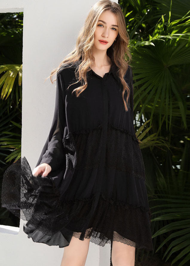 Black Peter Pan Collar Lace Patchwork Chiffon Holiday Dress Spring