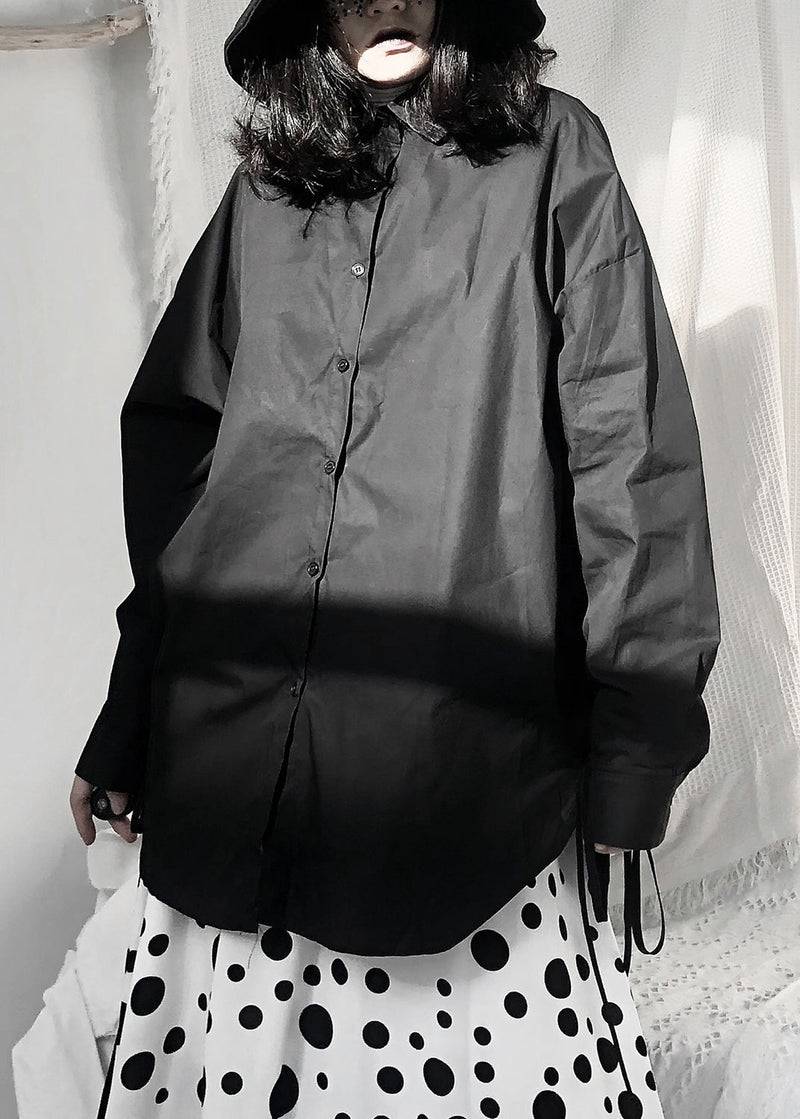Black Peter Pan Collar Low High Design Tie Waist Button Shirt Long Sleeve