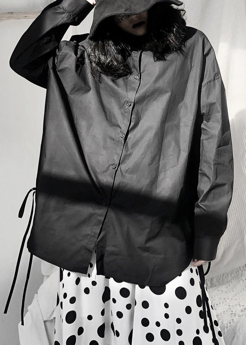 Black Peter Pan Collar Low High Design Tie Waist Button Shirt Long Sleeve