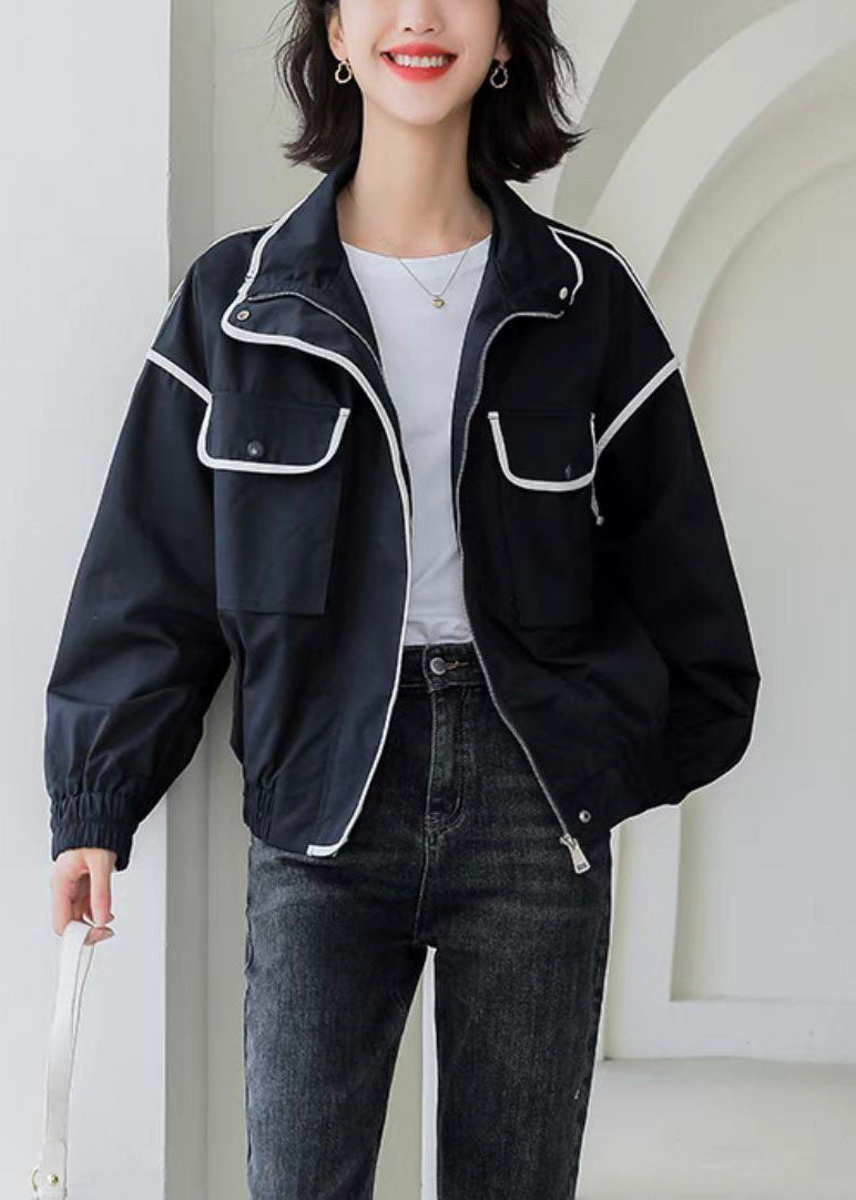 Black Peter Pan Collar Pockets Coat Spring