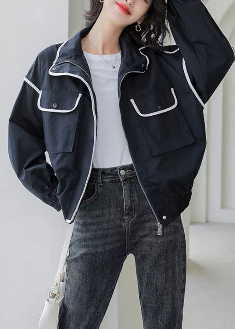 Black Peter Pan Collar Pockets Coat Spring