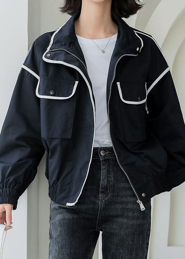 Black Peter Pan Collar Pockets Coat Spring