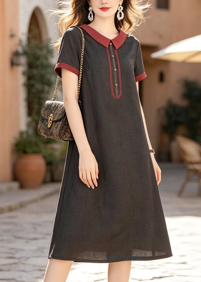 Black Peter Pan Collar Pockets Silk Dress Summer