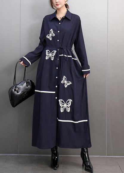 Black Peter Pan Collar Print Long Dress Spring