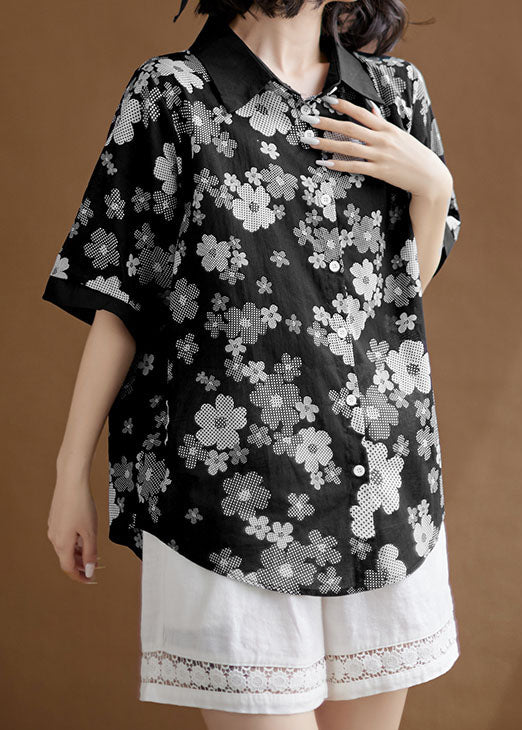Black Peter Pan Collar Print Patchwork Cotton Shirts Top Summer