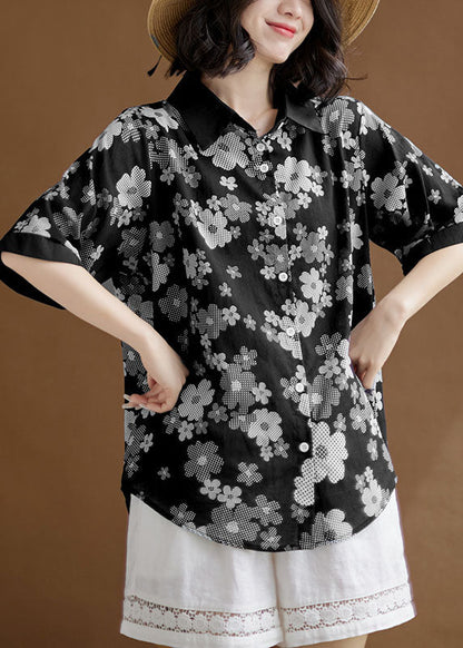 Black Peter Pan Collar Print Patchwork Cotton Shirts Top Summer