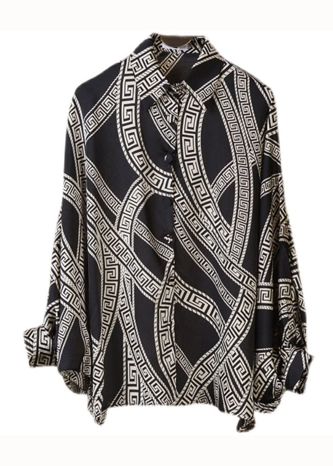 Black Peter Pan Collar Print Silk Shirts Top Long Sleeve