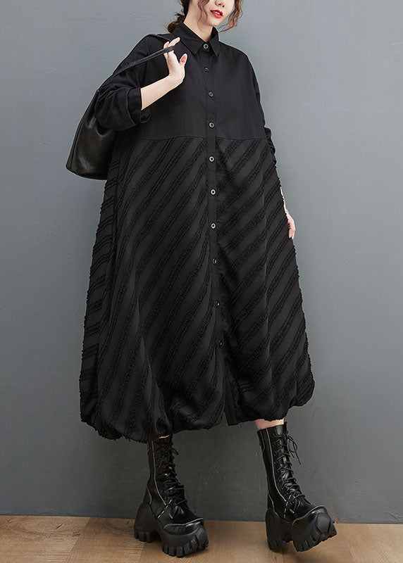 Black Peter Pan Collar Striped Patchwork Button Long Shirts Dresses Long Sleeve