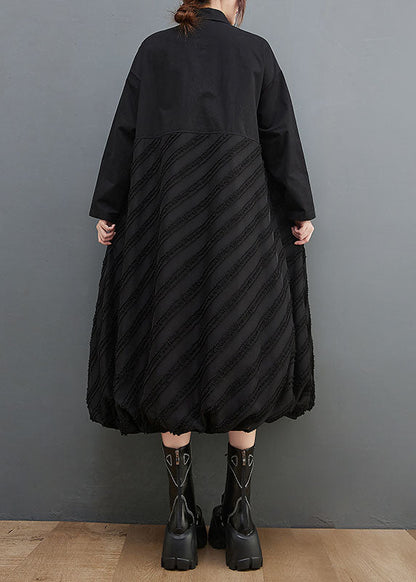 Black Peter Pan Collar Striped Patchwork Button Long Shirts Dresses Long Sleeve
