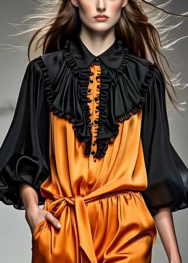 Black Peter Pan Collar Wrinkled Silk Blouses Fall